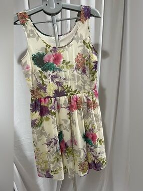 Charming Charlie Cream Floral Sleeveless Dress with Pink, Purple & Green Accents